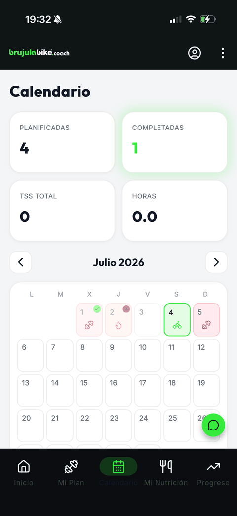 Captura de la app: calendario con sesiones planificadas y completadas